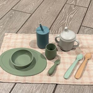 Silicone Eco-Friendly Baby Toddler Dining Utensil Bundle- Green, Blue, Gray, Tan